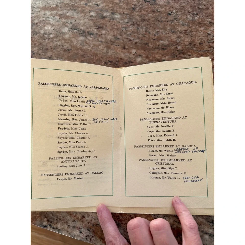 1954 S.S. Santa Isabel Graceline Passenger List West Coast S America to NY